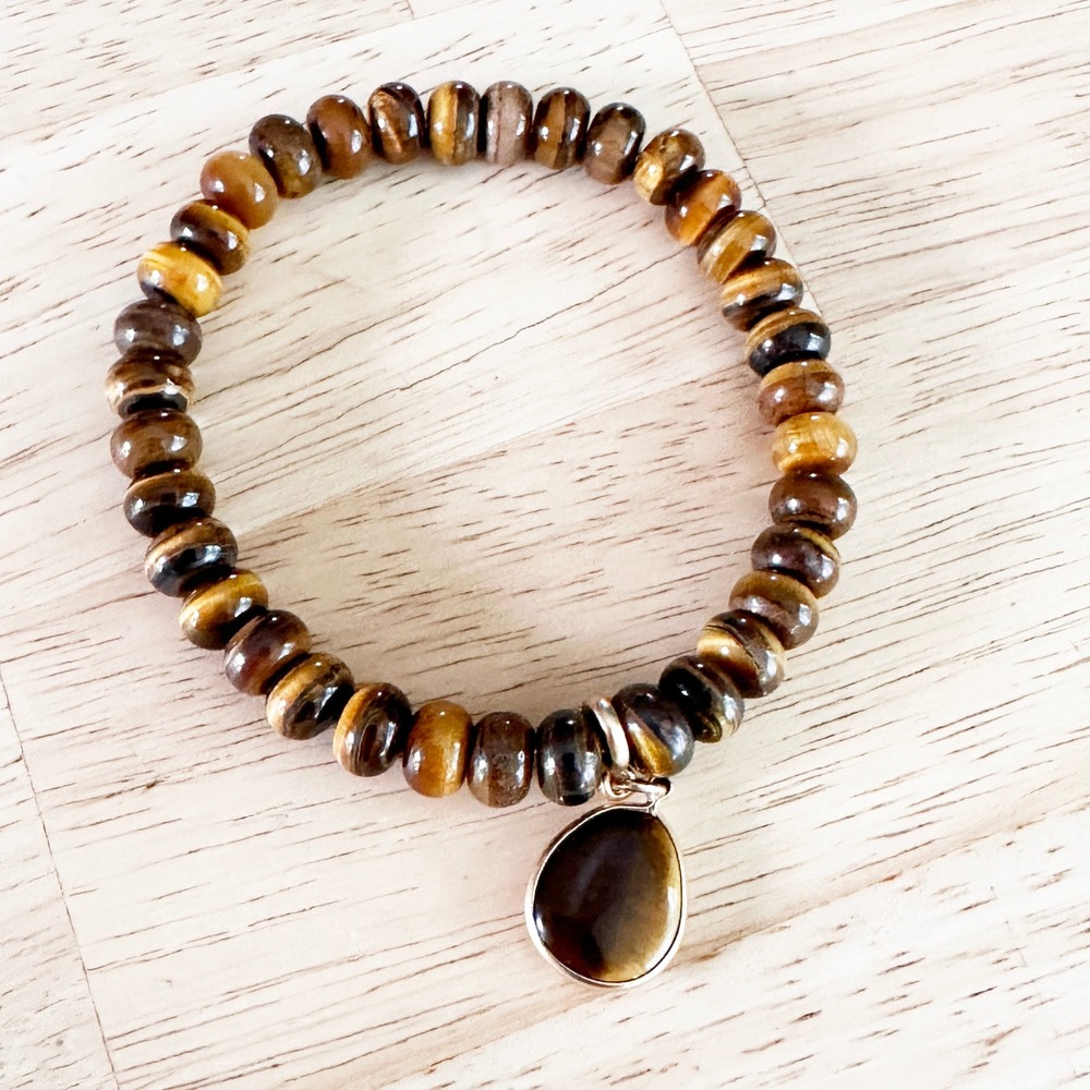 Natural Tigers Eye Beaded Stretch Bracelet Gold Teardrop Pendant Charm 6.5"-8"